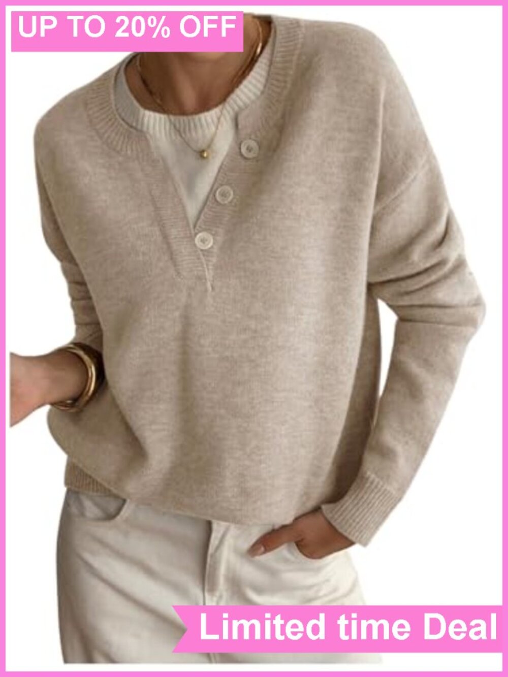 Womens Henley Pullover Sweater Long Sleeve Button Front Business Casual